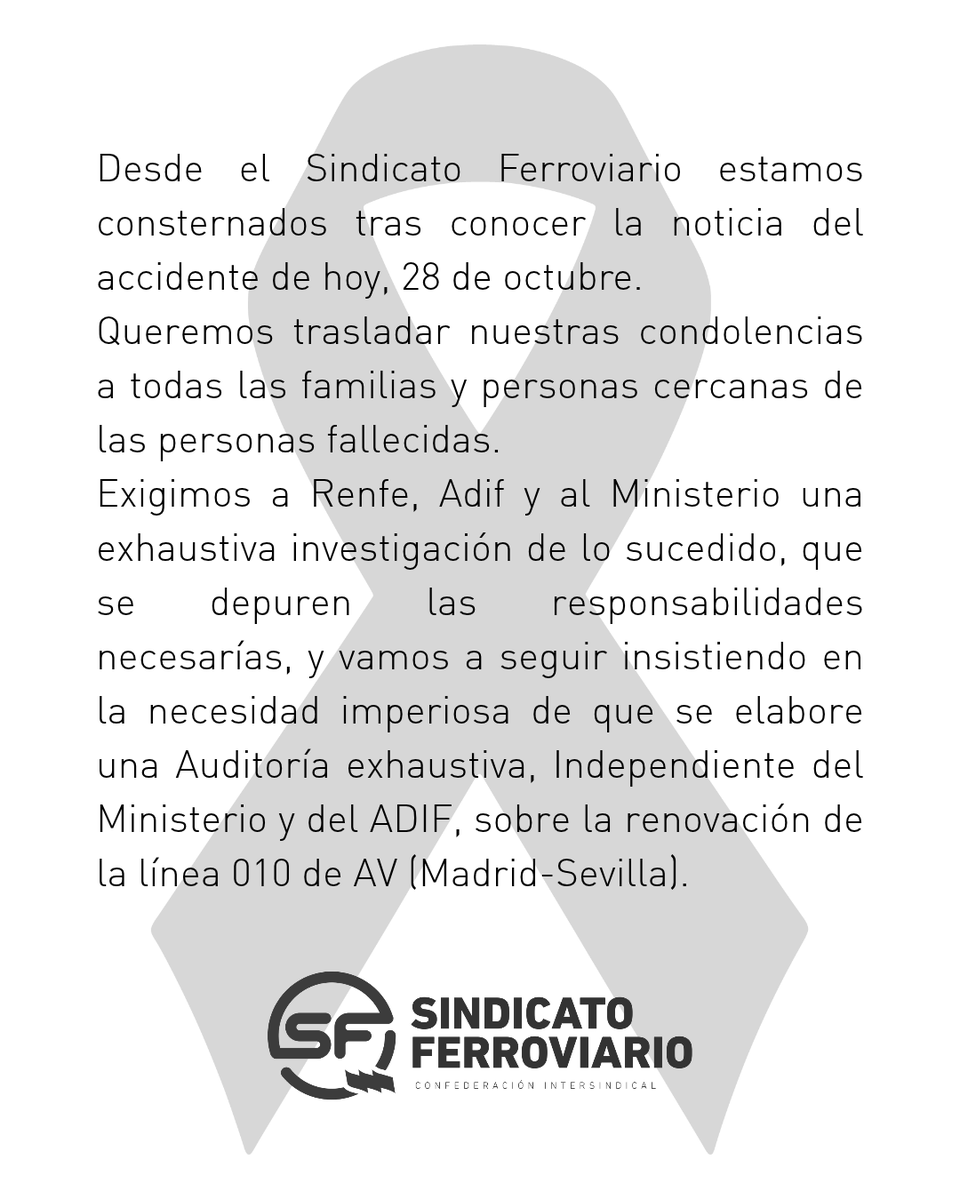 SFIntersindical's tweet photo. Comunicado del Sindicato Ferroviario en relación al trágico accidente ferroviario de hoy, miércoles 28 de noviembre. https://t.co/IEyn73fsk1