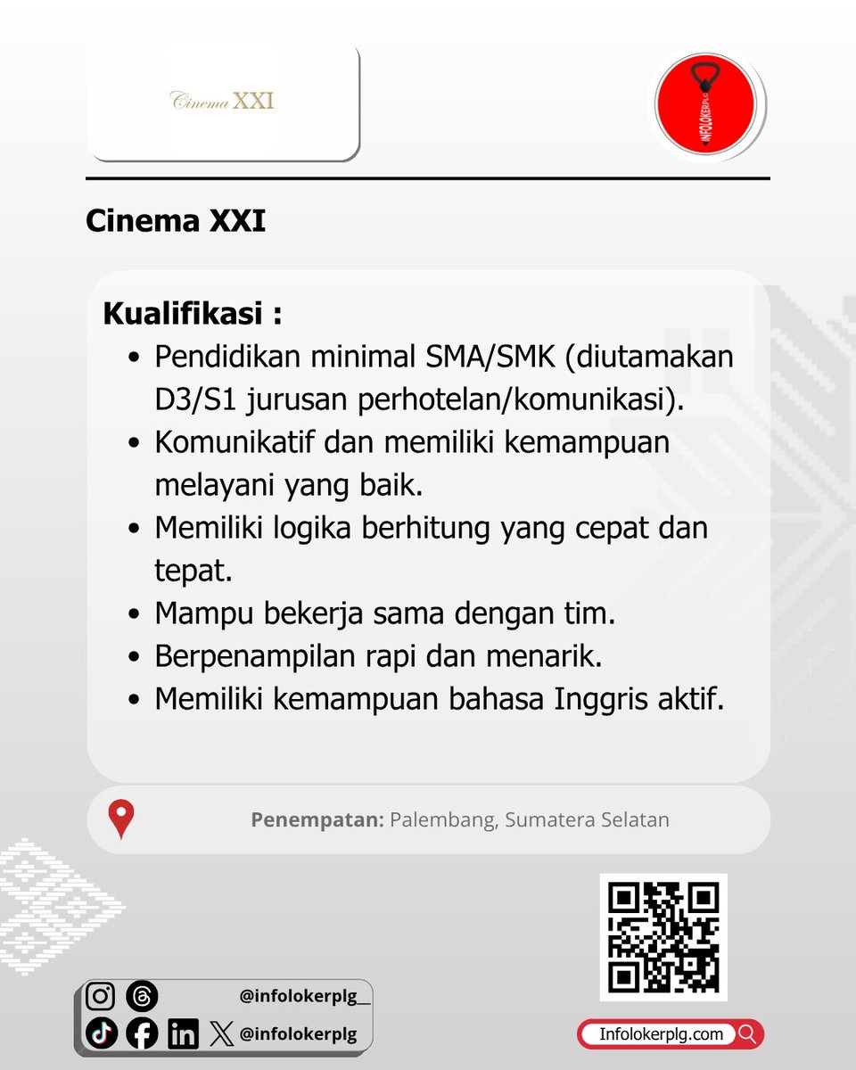 Infolokerplg's tweet photo. Lowongan Kerja Cinema XXI Oktober 2026

Penempatan: Palembang, Sumatera Selatan
Baca Selengkapnya👇
https://t.co/xaGJOpDqWb

Like, Komen &amp; Follow
@Infolokerplg 
@Infolokerplg 
@Infolokerplg 

⚠️ SETIAP PROSES REKRUTMENT 100% GRATIS!!
#Infolokerplg #lokerpalembang #kotapalembang https://t.co/hvI2SBGnvN