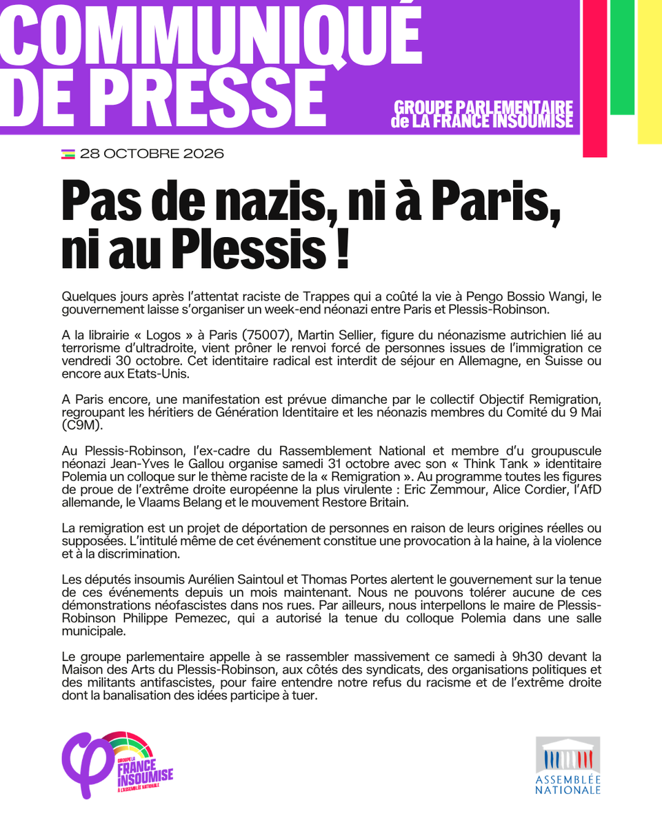 FiAssemblee's tweet photo. 🔴📄 Quelques jours après l’attentat raciste de Trappes qui a coûté la vie à Pengo Bossio Wangi, le gouvernement laisse s’organiser un week-end néonazi entre Paris et Plessis-Robinson.

Samedi à 9h30, mobilisons-nous devant la Maison des Arts du Plessis-Robinson avec les syndicats contre le racisme et l’extrême droite !