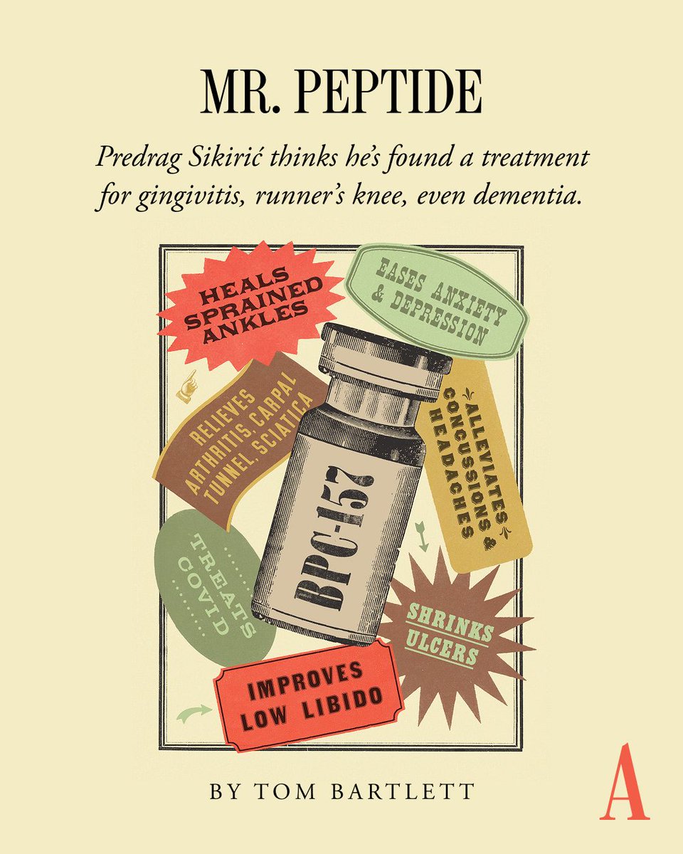 TheAtlantic's tweet photo. The peptide BPC-157 has been hyped as a miracle drug by Joe Rogan and Andrew Huberman, @tebartl reports. But where does it actually come from? He spoke with the scientist behind the wellness movement’s latest obsession: https://t.co/2SszPijBYe https://t.co/fUh97Nhh3L