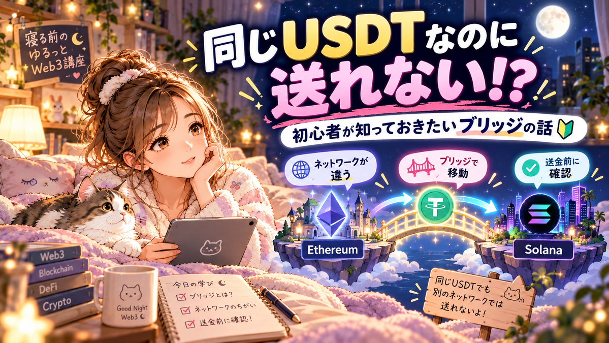 maika_ango's tweet photo. 🌙 寝る前のゆるっとWeb3講座🍀

「同じUSDTなのに、送金できないことがあるの？」

実はこれ、初心者さんにぜひ知ってほしいお話です😊

暗号資産には、イーサリアムやソラナなど、いろんなブロックチェーンがあります。

同じ名前の通貨でも、どのネットワーク上にあるかが大切なんです。

そこで登場するのが「ブリッジ」🌉

異なるブロックチェーンの間で資産を移動するための仕組みです。

ただし、便利な反面、注意点もあります。

✅ 送金先のネットワークは合っている？
✅ 利用するサービスは信頼できる？
✅ 少額で確認してから送金できる？
ネットワークを間違えると、資産を失うこともあります💦
Web3は便利だけど、知らないまま操作するのはちょっと怖いですよね。

だからこそ、少しずつ知識を増やしていきたいなと思っています🌿

みなさんは「ブリッジ」、使ったことありますか？

それとも今日初めて知ったかな？😊

では。。。おやすみなさい🌙✨