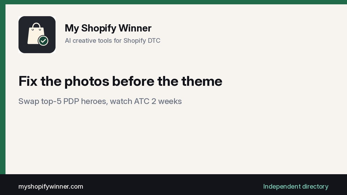 MyShopifyWinner's tweet photo. @yuvrajkhavad Agree. A new theme on top of weak photos is still weak photos.
A cheap test before any redesign: swap the first image on your top 5 PDPs for an in-use lifestyle shot and watch add-to-cart for 2 weeks.
AI product shot tools make that a weekend job now. https://t.co/jJp7LG7dfP