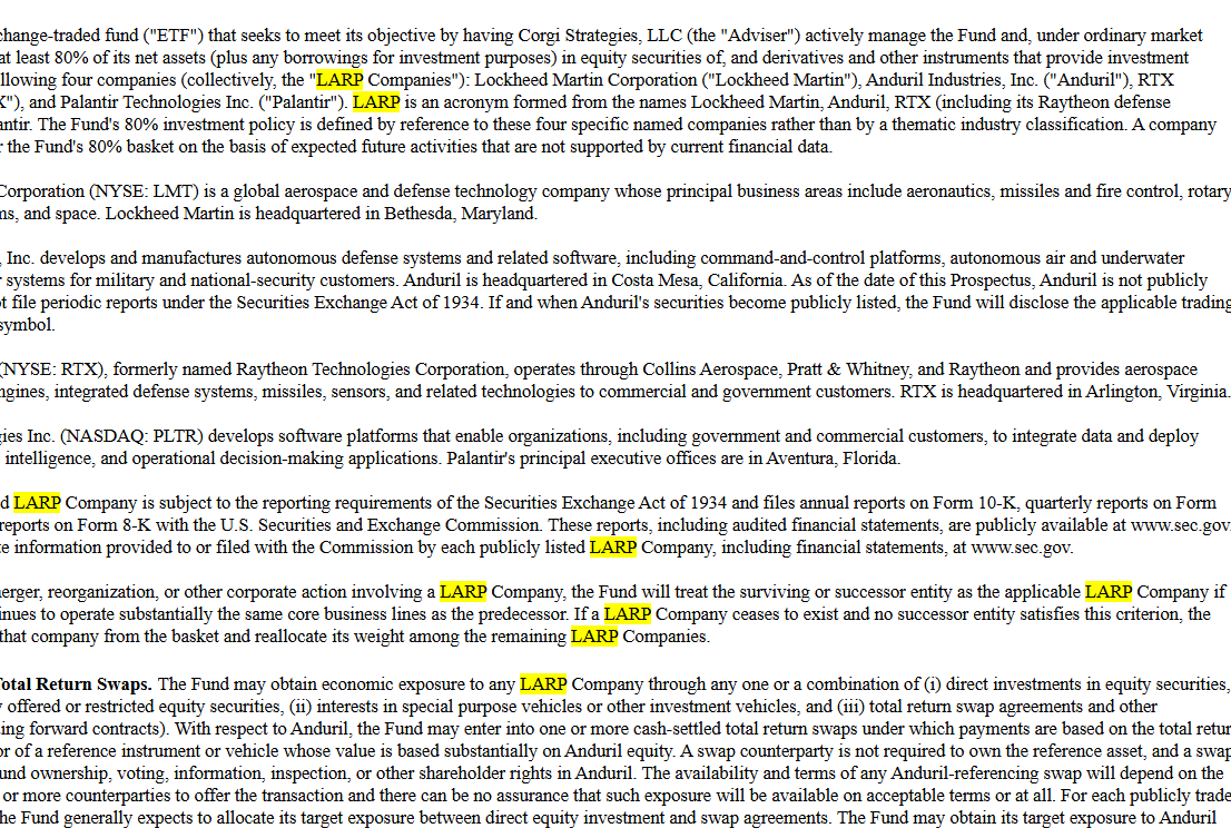 Sizeyon's tweet photo. WTF THERE IS LITERALLY AN ETF CALLED LARP

A fund company named Corgi actually filed with the SEC for an ETF called LARP, combining four of the biggest names in defense and military technology

And the acronym is intentional

L — Lockheed Martin
A — Anduril
R — RTX
P — Palantir

The fact that it's being launched by a company called Corgi makes this even more absurd

On October 27, a new SEC amendment was reported, targeting November 15 as the fund's registration effective date

October 27 update:
https://t.co/ICpTBuvkkA

LARP — LockheedAndurilRTXPalantir