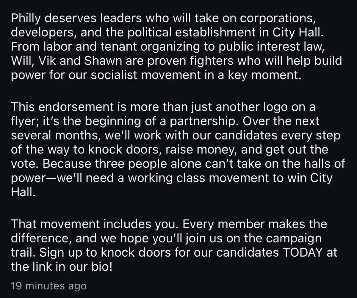JohnnyWalsh__'s tweet photo. Philly DSA referring to corporations and developers as their first two entities to “take on” really doesn’t give me a lot of confidence that this movement is anything like Mamdani’s in NY. Feel like it’s going to be far more stupid. https://t.co/W6avHycPtB