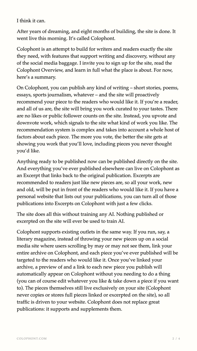AdamsOrArdor's tweet photo. I love great writing and hate how it's treated on the internet. So I built something to try to fix that.

If you wish there were a better place to share your writing, to discover new work, to talk culture and books, then I invite you to read—and to join me. https://t.co/CHHFQAv6Fi