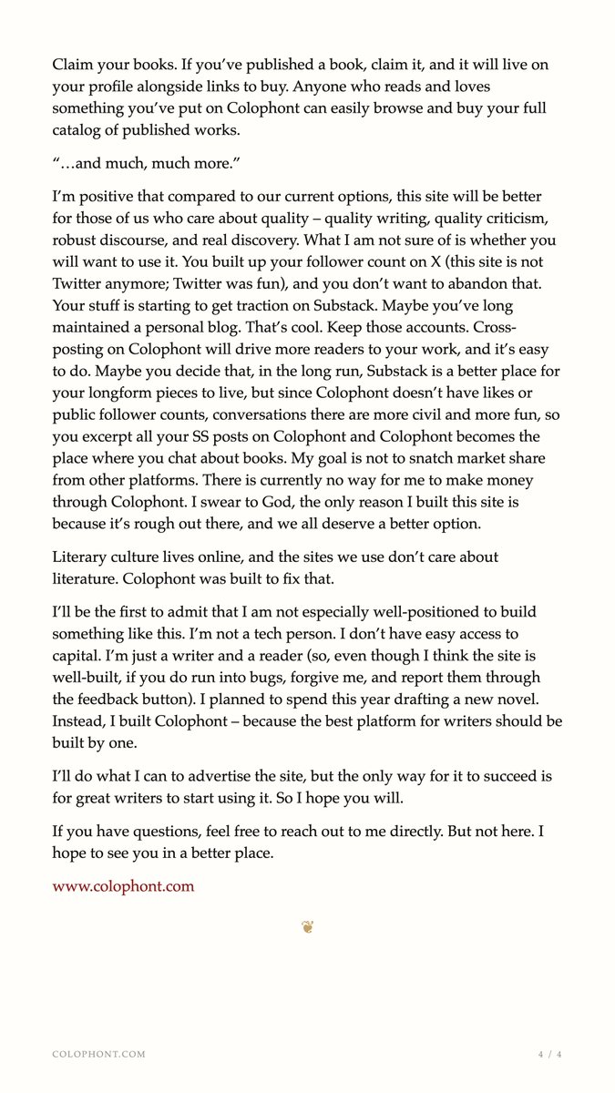 AdamsOrArdor's tweet photo. I love great writing and hate how it's treated on the internet. So I built something to try to fix that.

If you wish there were a better place to share your writing, to discover new work, to talk culture and books, then I invite you to read—and to join me. https://t.co/CHHFQAv6Fi