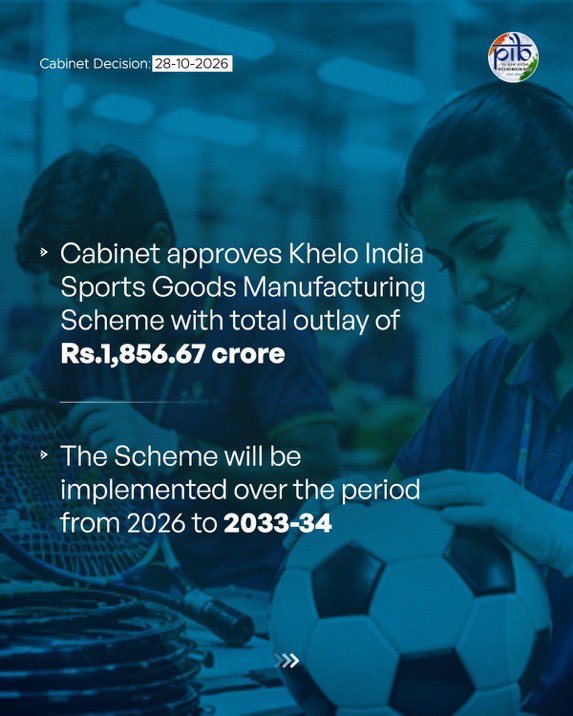 ashishsood_bjp's tweet photo. Under the leadership of Hon’ble Prime Minister Shri @narendramodi ji, the Union Cabinet has approved the Khelo India Sports Goods Manufacturing Scheme with an outlay of ₹1,856.67 crore for 2026 to 2033-34.

The scheme aims to strengthen domestic sports goods manufacturing, promote innovation and build a globally competitive sports manufacturing ecosystem.

#KheloIndia

@NitinNabin 
@blsanthosh