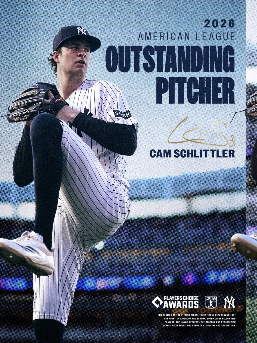 Yankees's tweet photo. Congratulations to Cam Schlittler on being named the 2026 Players Choice Awards AL Outstanding Pitcher 🔥 https://t.co/Xk0A10V6wU