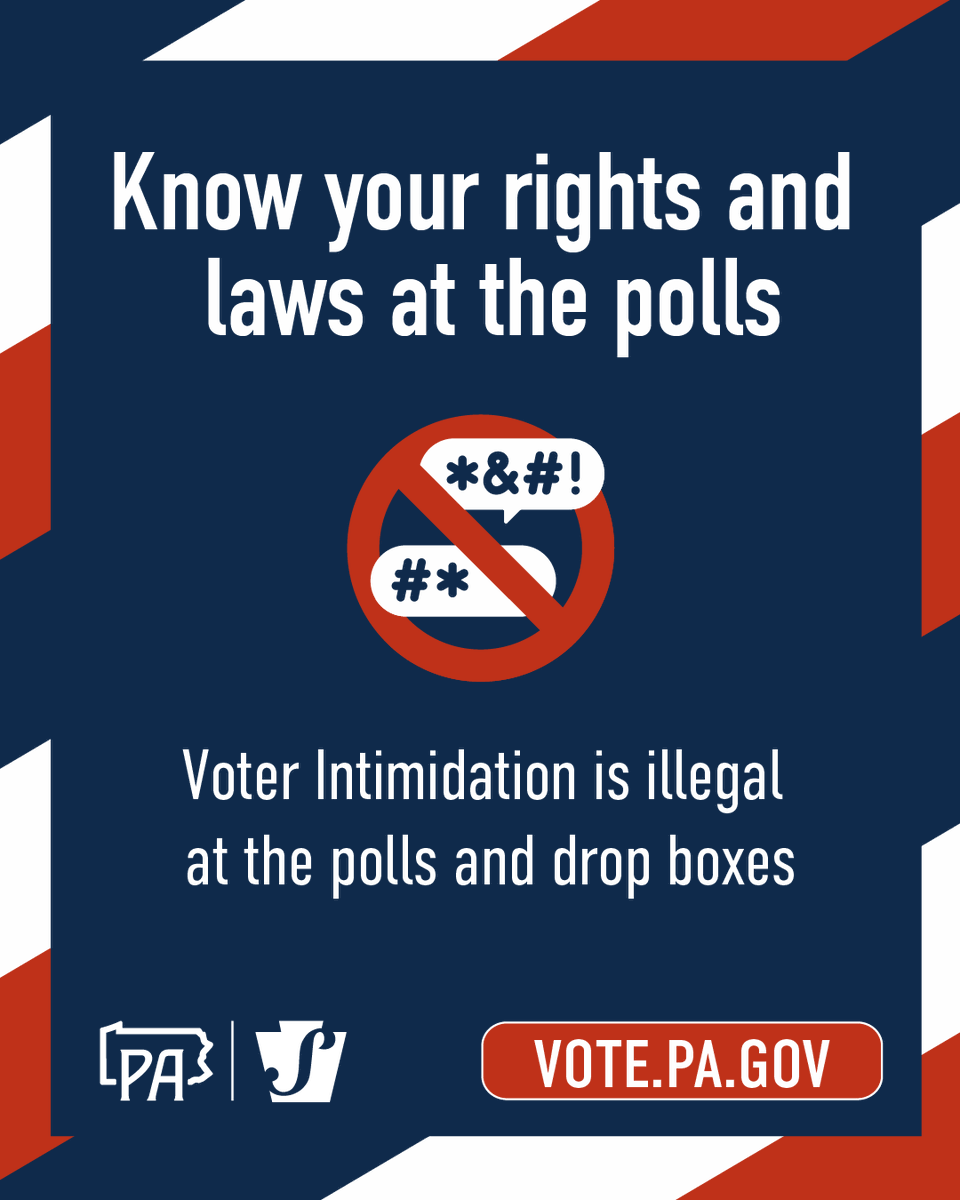 PAStateDept's tweet photo. Your vote is protected by law. 

If you encounter intimidation or harassment while voting, report it immediately: Call 1-877-VOTESPA or visit https://t.co/GgVPWtJsvP. 

Know your rights: https://t.co/rieRMi0ynA https://t.co/jaf2aWWjJJ