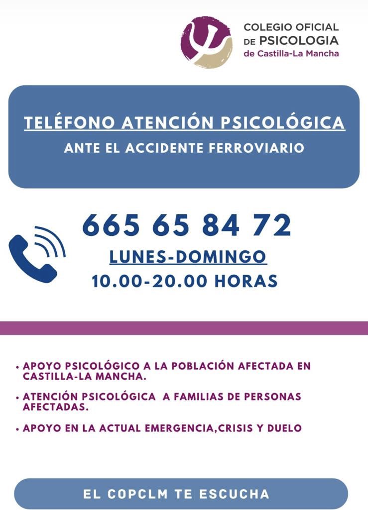 caarlittaa18's tweet photo. 📢 Este es el teléfono de atención psicológica habilitado por el Colegio Oficial de Psicología de Castilla-La Mancha para apoyar a las personas afectadas por el accidente ferroviario y a sus familias.❤️ https://t.co/gXk7eWhS5F