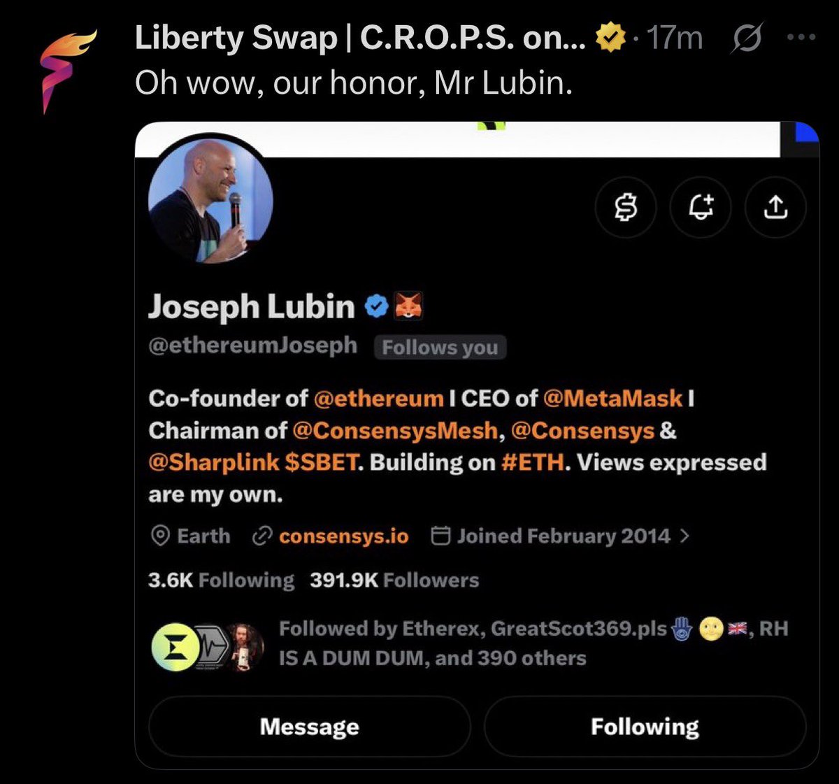 dr_pegger's tweet photo. ‼️ BREAKING ‼️
Joseph Lubin (@ethereumJoseph) just followed @LibertySwapFi.

For context - Joseph Lubin is the co-founder of @ethereum and CEO of MetaMask. 391K followers. One of the most connected figures in Web3.

He doesn't follow noise.

If PulseChain had no value, if nothing was being built, if connections weren't being made at the highest level - why would one of crypto's most influential architects be paying attention?

The products are getting the recognition they deserve.
 The builders are being noticed.
 The cycle is loading.

Welcome to the ecosystem Joseph 🤝 We see you. We appreciate everything you've contributed to Web3 and crypto at large.

Collaboration is the way forward.
#PulseChain 🚀 #ETH #LibertySwapFi