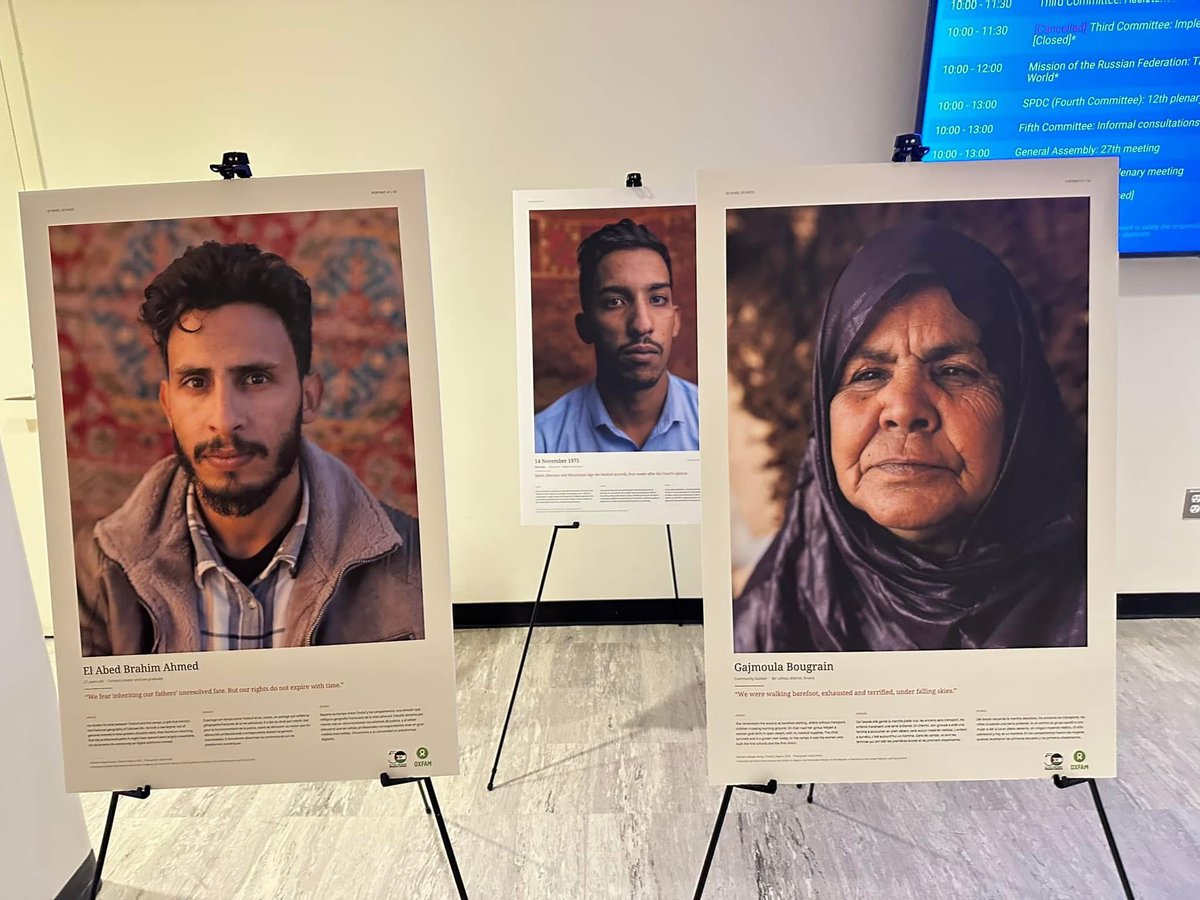 AlgeriaUN's tweet photo. On 27 Oct, six UN missions and Oxfam co-hosted a #UNHQ exhibition featuring 50 faces of #Western Sahara, #Africa’s last colony for over 50 years. Renew #MINURSO on 30 Oct and uphold the Sahrawi people’s right to self-determination through the promised referendum. https://t.co/jBRD9o82Vt