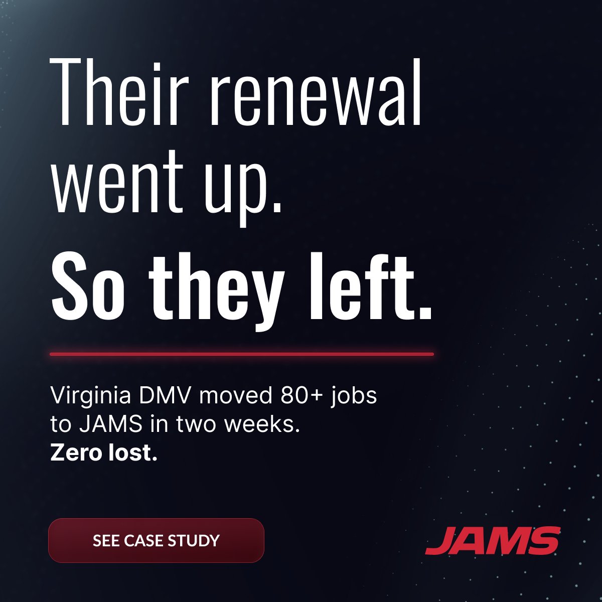 jamssoftware's tweet photo. Is your scheduler renewal going up again this year?

Virginia DMV said no to theirs. They moved 80+ jobs to JAMS in two weeks with zero lost. Read their story, or try JAMS free for 14 days before your next renewal lands. https://t.co/yGzJfeTu6C https://t.co/iC4jjVbN0N