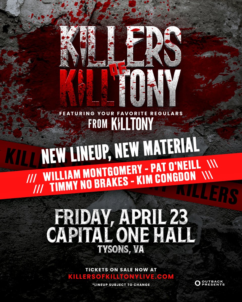 CapitalOneHall's tweet photo. "Killers of Kill Tony" is a lineup of comedians featuring regulars and fan-favorites from "Kill Tony", the #1 live podcast in the world 🎤  Don't miss this show coming through Tysons on April 23, 2027!

Tickets go on sale Oct. 30 at 10A via Ticketmaster: https://t.co/OM1RaAj2RI https://t.co/xSKJmzregb