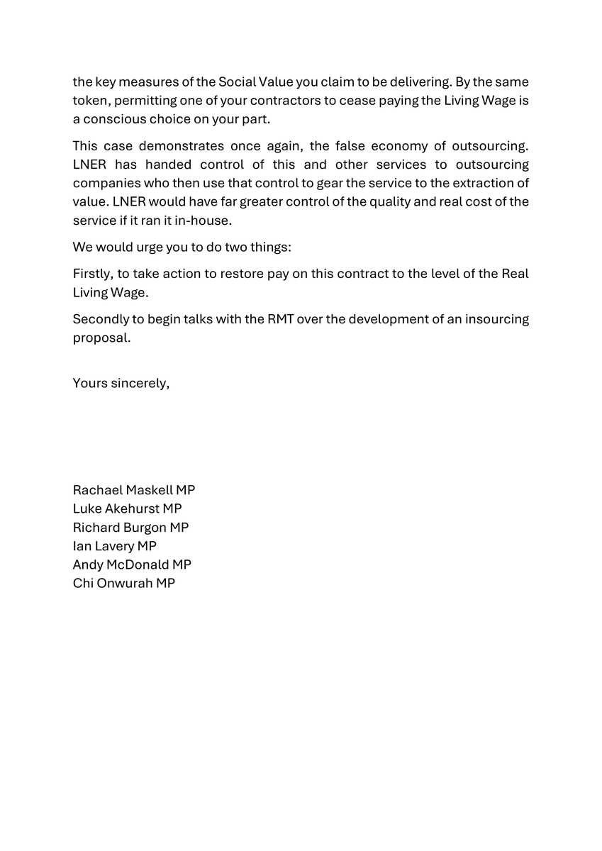 RMTunion's tweet photo. @LNER like to brag that all their suppliers pay their staff the Real Living Wage, so we are very grateful to @RachaelMaskell and all the MPs that have signed this letter to MD @DavidHorne asking why they are allowing one of their contractors to cease paying the Real Living Wage. https://t.co/PkuTQDp0Te