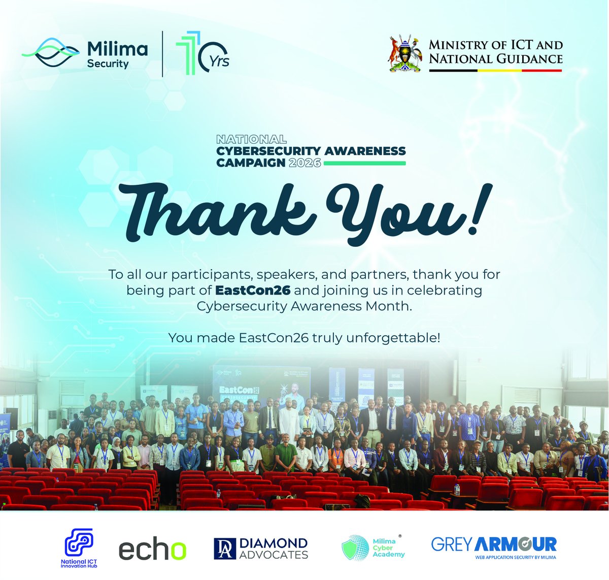 CyberMilima's tweet photo. It was a great pleasure having you’ll join us at #EastCon26 as we celebrated the #CyberSecurityAwarenessMonth
The questions, the energy, the teams who showed up and gave it their all in the #CTF . It was great to see so many people who care about #cybersecurity in one room.
A special appreciation to our speakers, our partners @DiamondAdvocate, @MoICT_Ug @EchoUganda_ and the team at the @innovationhubug in Nakawa for hosting us.
#CSAM26 #MilimaAt10