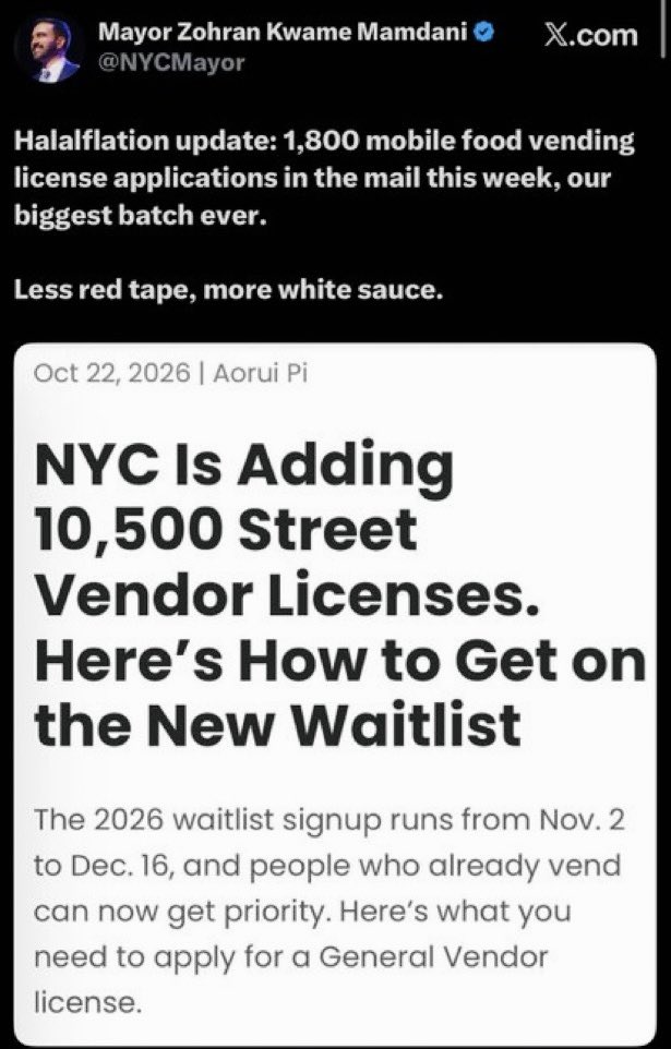 realMaalouf's tweet photo. This is unbelievable.

Last night, Zohran Mamdani was bragging about approving 10,500 street vendor licenses EXCLUSIVELY for Halal food trucks, calling it “Halalflation.”

Laura Loomer called him out, and he quickly deleted the post and now wants to pretend it never happened.

This is literally religious-based employment discrimination. It is ILLEGAL. Mamdani is an Islamic supremacist.