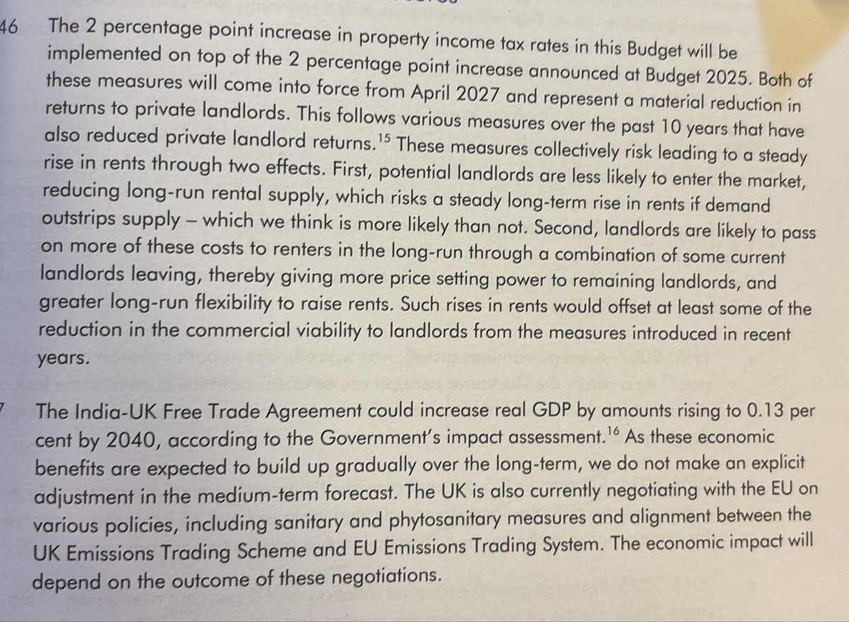 Steven_Swinford's tweet photo. BREAKING

The OBR says the tax raid on landlords - increasing property income tax rates by another 2% - will:

1) Make it less likely that people become landlords, ‘reducing long term rental supply’ and leading to a ‘steady long-term rise in rents’

2) See landlords simply pass on costs to tenants, increasing rents