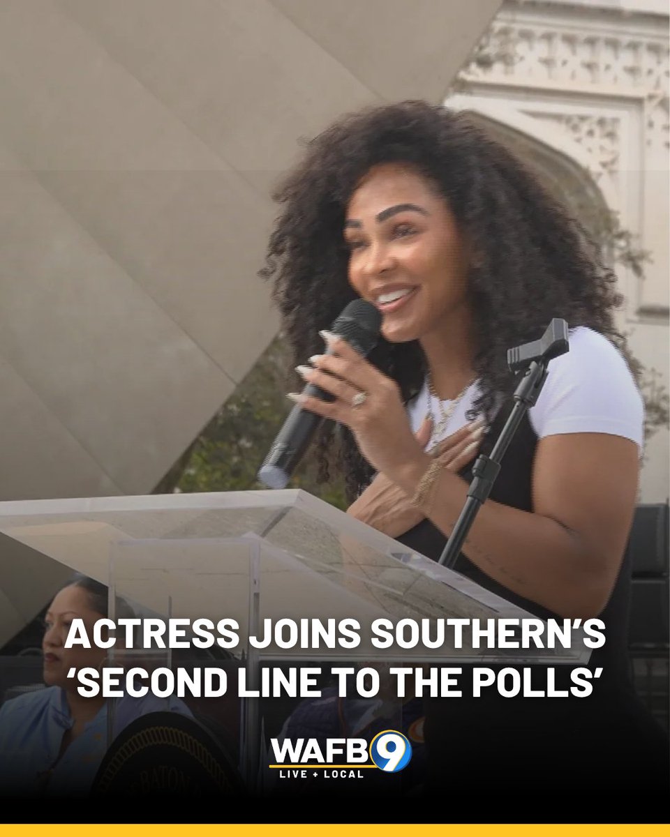 WAFB's tweet photo. Meagan Good joined Southern University students in a second line through downtown Baton Rouge to encourage young people to vote. https://t.co/tqxRuU7x9c https://t.co/2H7aUvVIEs