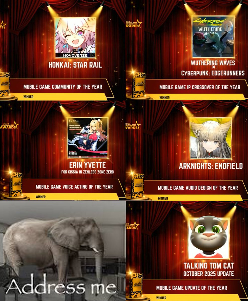 Riju1T_T's tweet photo. GamingOnPhone'26 winners – But there is an imposter

Best Community - HSR
Best Crossover- Wuwa X CPER
Best Voice Acting- Cissia ZZZ
Best game audio design- AKE
Best update- Talking Tom.....(i wish i was joking)

#Gacha https://t.co/qHMc83vMhM