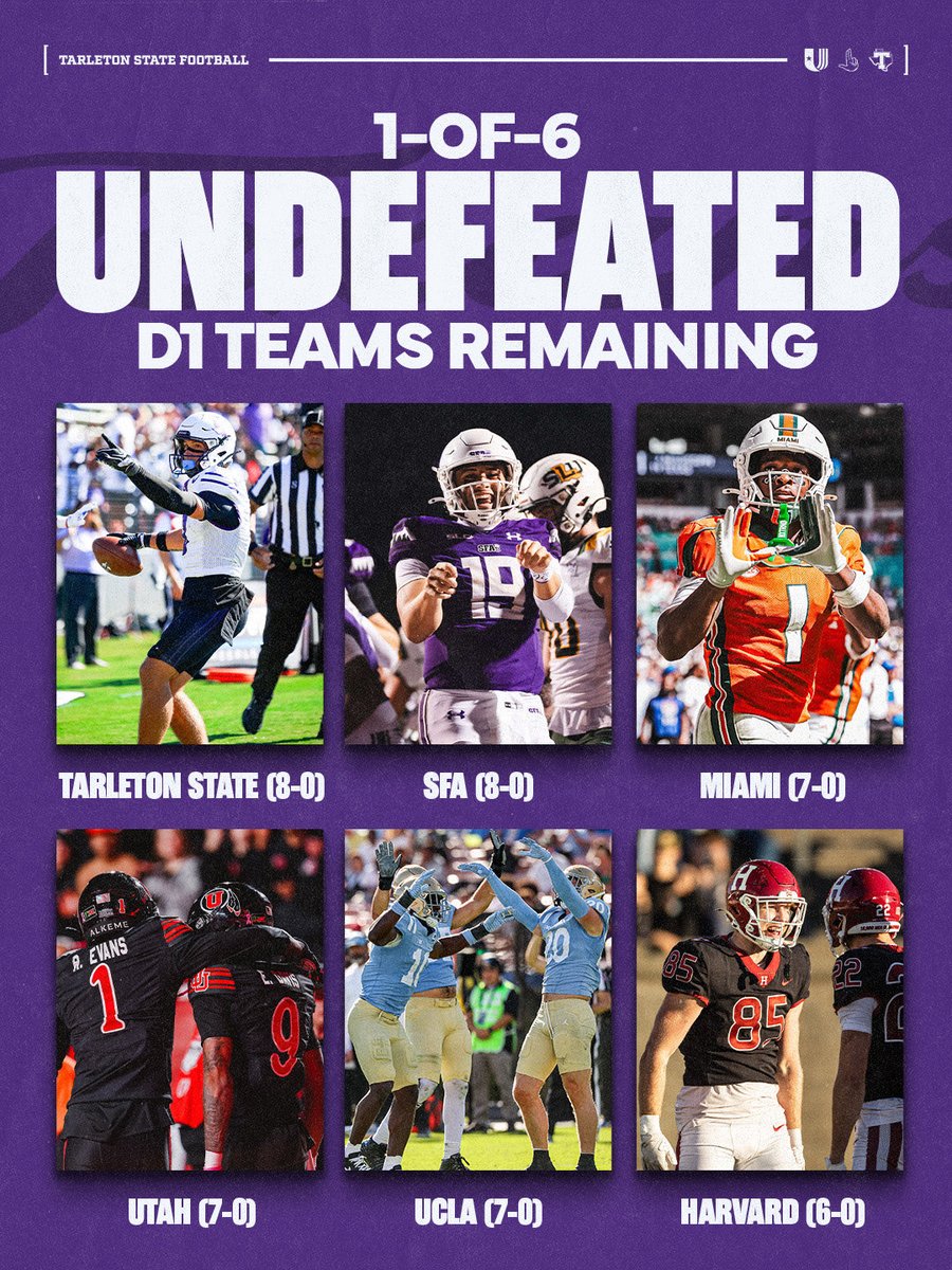 TarletonFB's tweet photo. Just six undefeated teams left across D1 football, and the Texans have the tied-most wins among them all 😈 https://t.co/J4jTzthcHs
