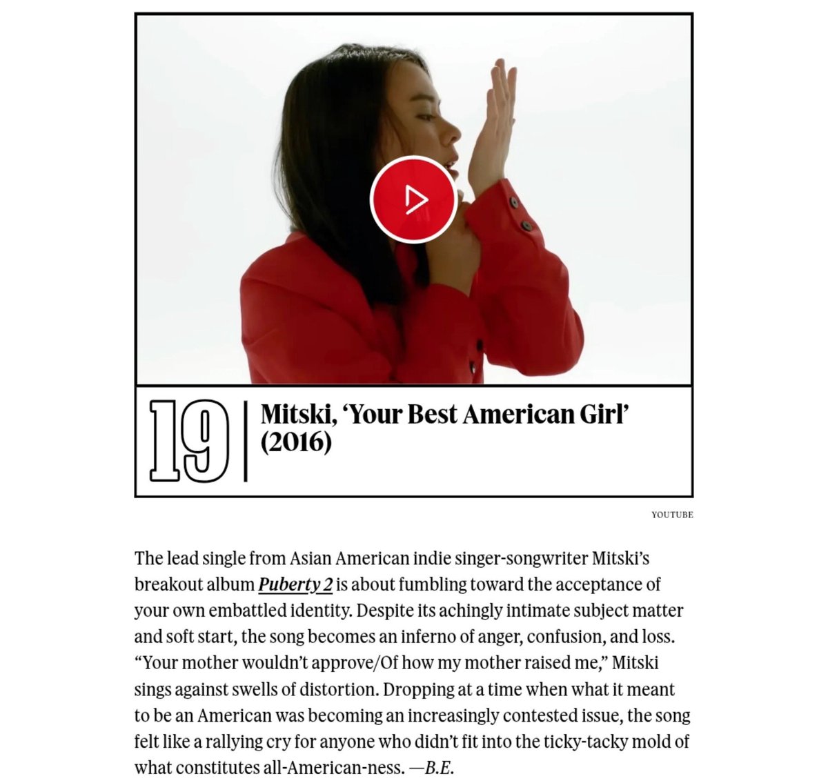 mitskidata's tweet photo. Rolling Stone named Mitski's "Your Best American Girl" as the 19th best rock song of the century:

"The song felt like a rallying cry for anyone who didn’t fit into the ticky-tacky mold of what constitutes all-American-ness" https://t.co/cixAacE0jJ