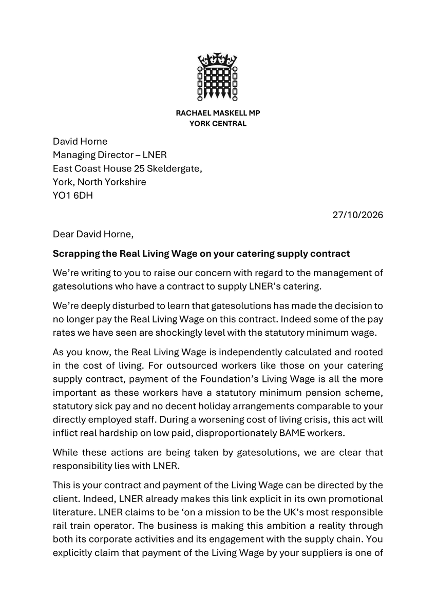 RMTunion's tweet photo. @LNER like to brag that all their suppliers pay their staff the Real Living Wage, so we are very grateful to @RachaelMaskell and all the MPs that have signed this letter to MD @DavidHorne asking why they are allowing one of their contractors to cease paying the Real Living Wage. https://t.co/PkuTQDp0Te