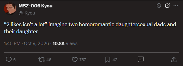 lezboyaya's tweet photo. @plutoyams they feel very homophobic too bc why are they fantasizing ab gay dads being into their own daughter? they're gross as fuck and they act like they're some victim bc ppl rightfully think they're disgusting for being into incest https://t.co/KLZCNfcDBD