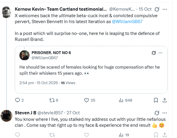 KernowKevin's tweet photo. Dear Convicted Pervert @stevieJB57

* I know where you live because you doxxed yourself with the help of your fellow fuckwit David J 
* It's ironic that you accuse others of stalking when you have a SPO
* Your threat is venomous but vague. Can you elaborate on the `end result'? https://t.co/R7U1BSMvyY