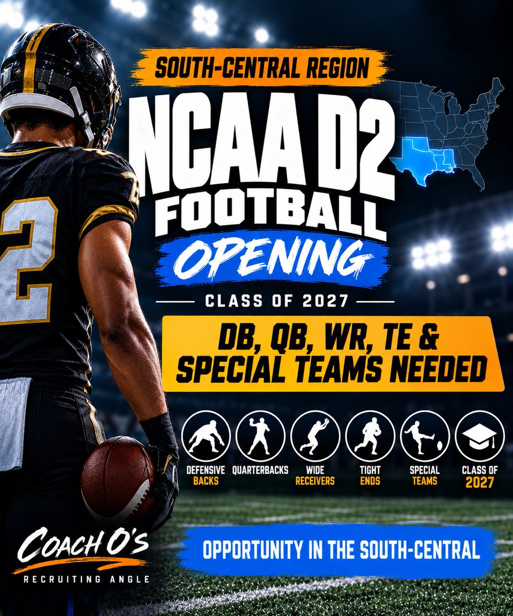 Collegefbopens's tweet photo. South Central NCAA Division II Football Opening – Class of 2027 DB, QB, WR, TE &amp; Special Teams
TAG who fits this description!! REPOST Help players see this info https://t.co/Eb4OCfZ4YK