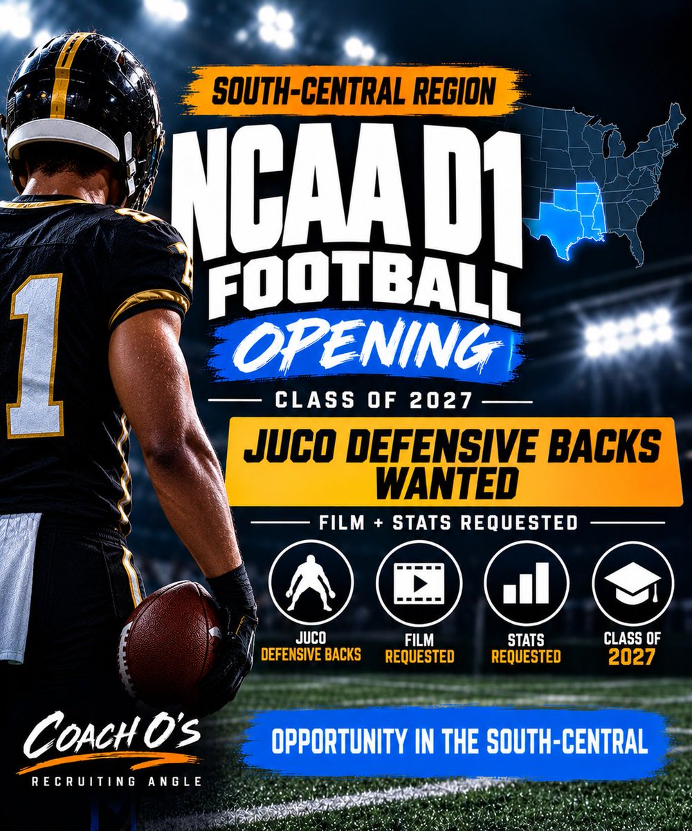 Collegefbopens's tweet photo. South Central NCAA D1 Football — 2027 JUCO Defensive Backs Wanted | Film + Stats
TAG who fits this description!! REPOST Help players see this info https://t.co/e63ahwf1pn