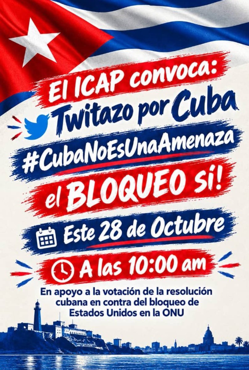 DefendiendoCuba's tweet photo. ‼️Estamos en TUITAZO por #Cuba‼️ 👇

Mostremos al 🌎 la jornada de solidaridad internacional con nuestra isla rebelde, que no sede ante presiones, ni amenazas‼️👇

‼️Atentos a la votación hoy en la ONU‼️

#CubaNoEsUnaAmenaza, el Bloqueo Sí. 
#DefendiendoCuba🇨🇺💪❤️ https://t.co/jMVeIGXzn5