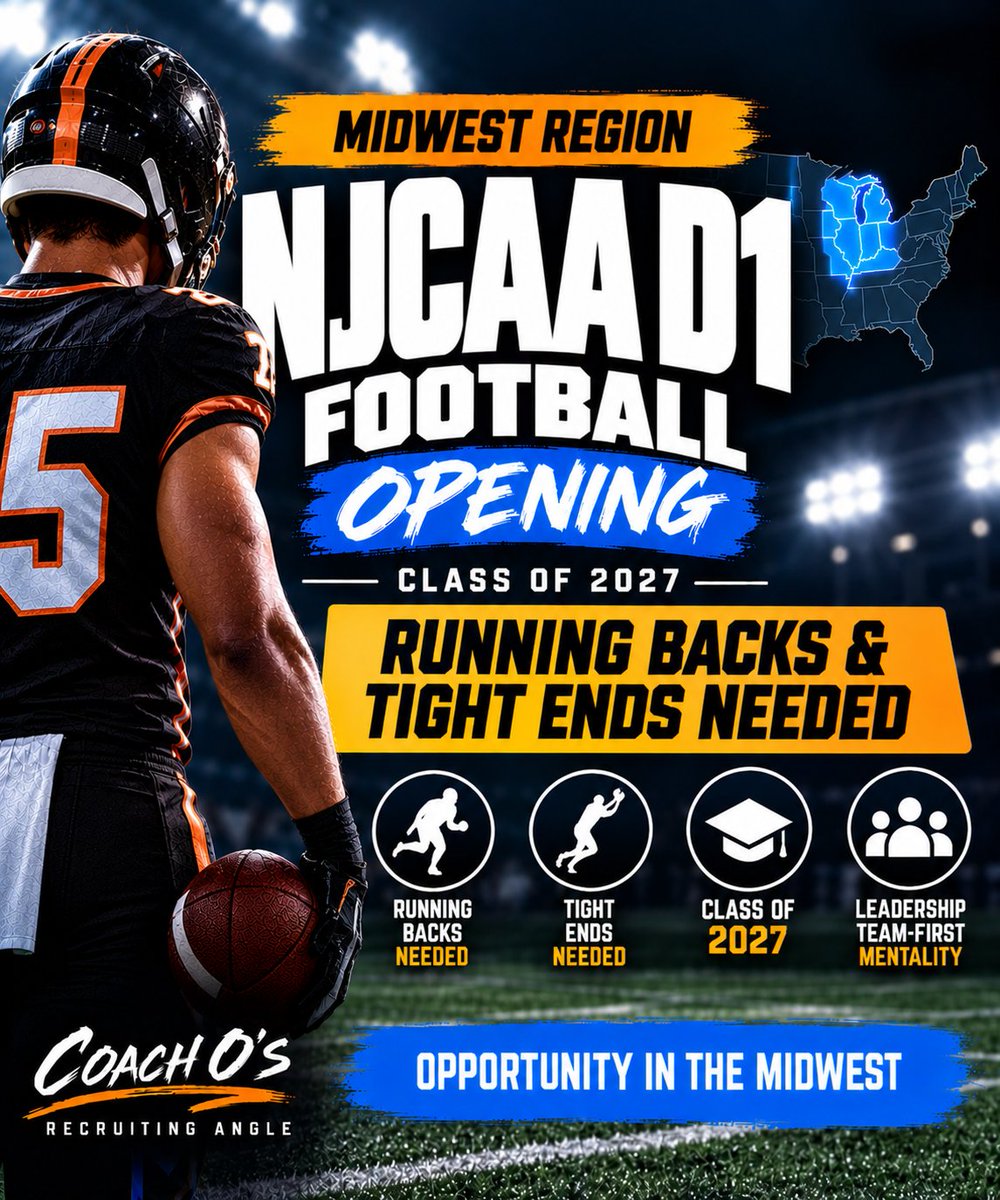 Collegefbopens's tweet photo. 2027 Football Recruiting Opening – Midwest NJCAA Division I | Running Backs &amp; Tight Ends
TAG who fits this description!! REPOST Help players see this info https://t.co/EKXnNwxyXi