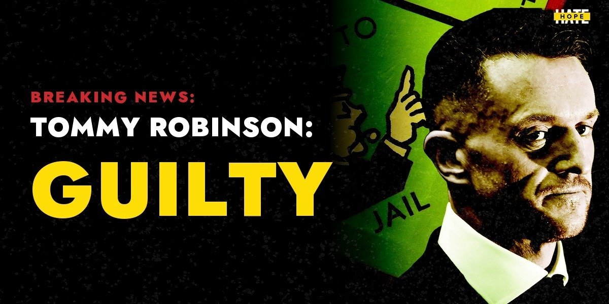 hopenothate's tweet photo. HOPE not hate welcomes today’s verdict. A jury has found Stephen Lennon, also known as Tommy Robinson, guilty on both counts of harassing journalists and causing them to fear violence. 

The intimidation was so severe that the journalists had to flee their homes with their families.