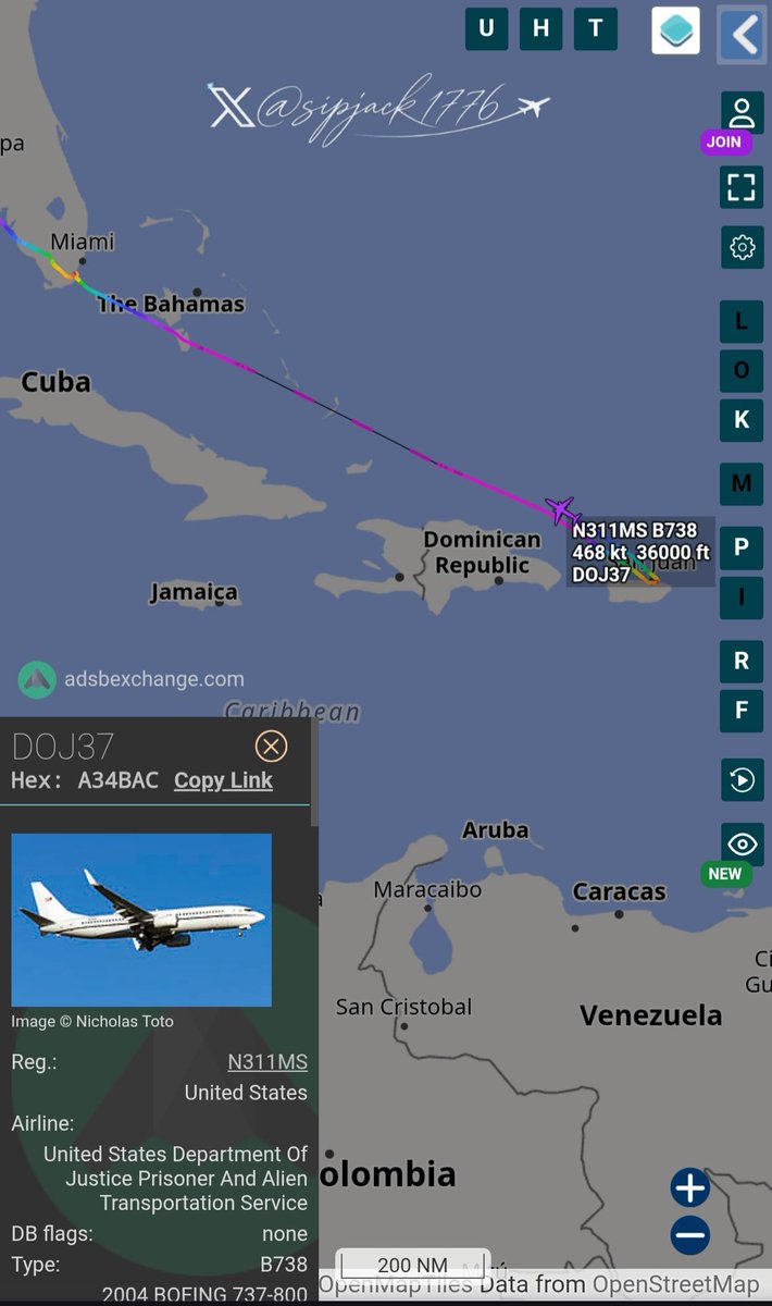 sipjack1776's tweet photo. DOJ Federal Prisoner Transport 🇺🇲
US Marshals Service 
Boeing 737-8Q8
#A34BAC/N311NS/DOJ37
Tracking NW out of San Juan (TJSJ)

Aircraft arrived at TJSJ out of Homestead ARB (KHST) OCT 27, 2026.
@Borrowed7Time @MichaelBonet8 @Flightwatcher1 @Spidergwenweb1 @r4streando https://t.co/Dv5uWTg4iK