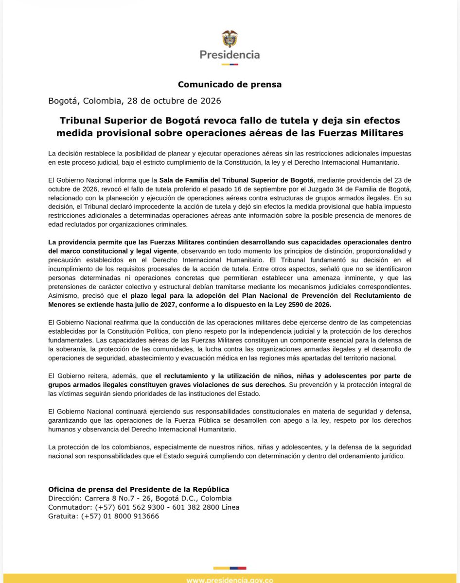 infopresidencia's tweet photo. #Comunicado Tribunal Superior de Bogotá revoca fallo de tutela y deja sin efectos medida provisional sobre operaciones aéreas de las Fuerzas Militares. https://t.co/dyeMJCdcv6
