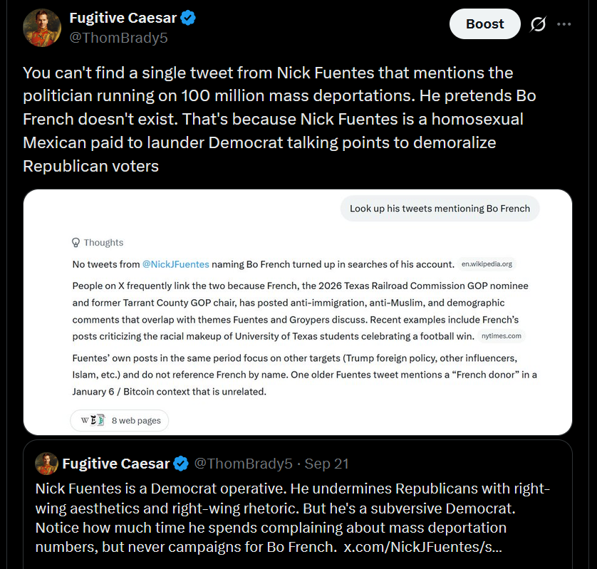 ThomBrady5's tweet photo. I called it months ago that Nick Fuentes would never support Bo French because Nick is a paid Democrat operative. https://t.co/aRuRNFs4ts