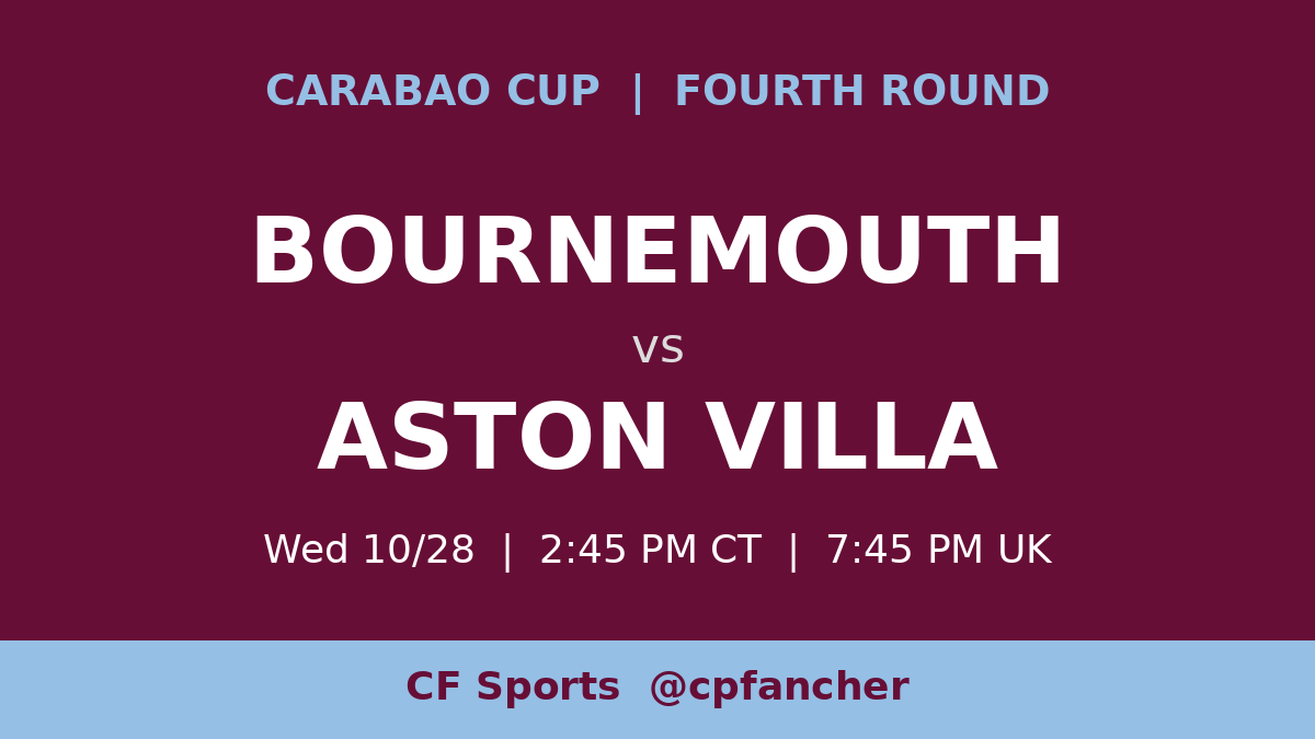 cpfancher's tweet photo. Villa at Bournemouth tonight in the Carabao Cup fourth round, 2:45 PM CT. Saturday we beat Man City, but the Vitality on a cup night is never a gimme. Does Emery rotate heavily or go strong for a real cup run? 🦁 https://t.co/4idnIfwk0J