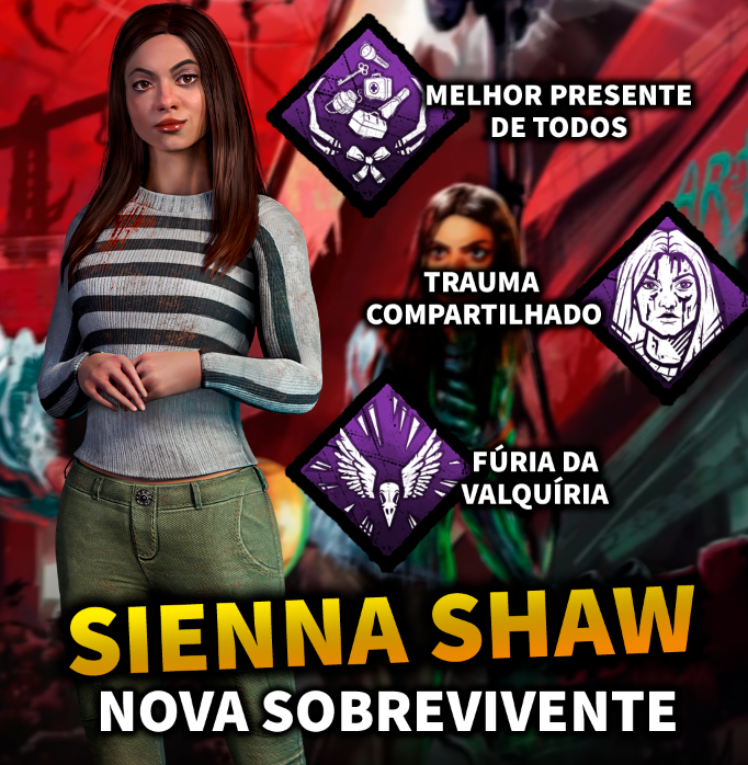 Procyondbd's tweet photo. Sienna Shaw confirmada como sobrevivente no DBD.

Suas perks são
Valkyries Rage - Capaz de atordoar killers por mais tempo com pallets caso dure em perseguição.

Shared Trauma - Caso dê um golpe de proteção a um amigo, esse surv vai recuperar do efeito Exaustão enquanto corre. Pode ver aura de quem está perto e Exausto.

Best Gift Ever - Ao jogar um item no chão, o item é consumido pela Entidade e você ganha um efeito diferente dependendo de qual item largou:

- Lanterna faz o killer ficar cego quando for atordoado.
- Frasco de Névoa faz suas marcas desaparecem mais rápido depois de um vault.
- Mapa aumenta a leitura de aura em 1s
- Chave permite vasculhar mais uma vez cada baú.
- Kit Médico te cura a 25% de velocidade ao você curar outra pessoa
- Caixa de Ferramentas te mostra a aura dos três gens mais proximos uns dos outros.

Vale para o primeiro drop de cada tipo de item.