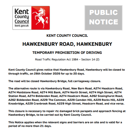KentHighways's tweet photo. Hawkenbury, Hawkenbury Road: Is closed until 14th November at Hawkenbury Bridge to repair RTC damaged brick parapets and approach fencing  by Kent County Council.: https://t.co/0hIv5gQSGq https://t.co/PMCADsTIgh