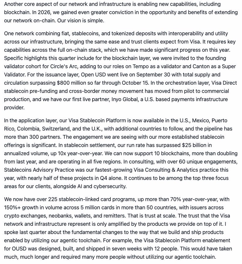 cuysheffield's tweet photo. It’s an exciting time for Visa’s stablecoin business. Visa CEO Ryan McInerney shared some updates on our strategy and traction on yesterday’s earnings call. https://t.co/vWVYjKH8yx