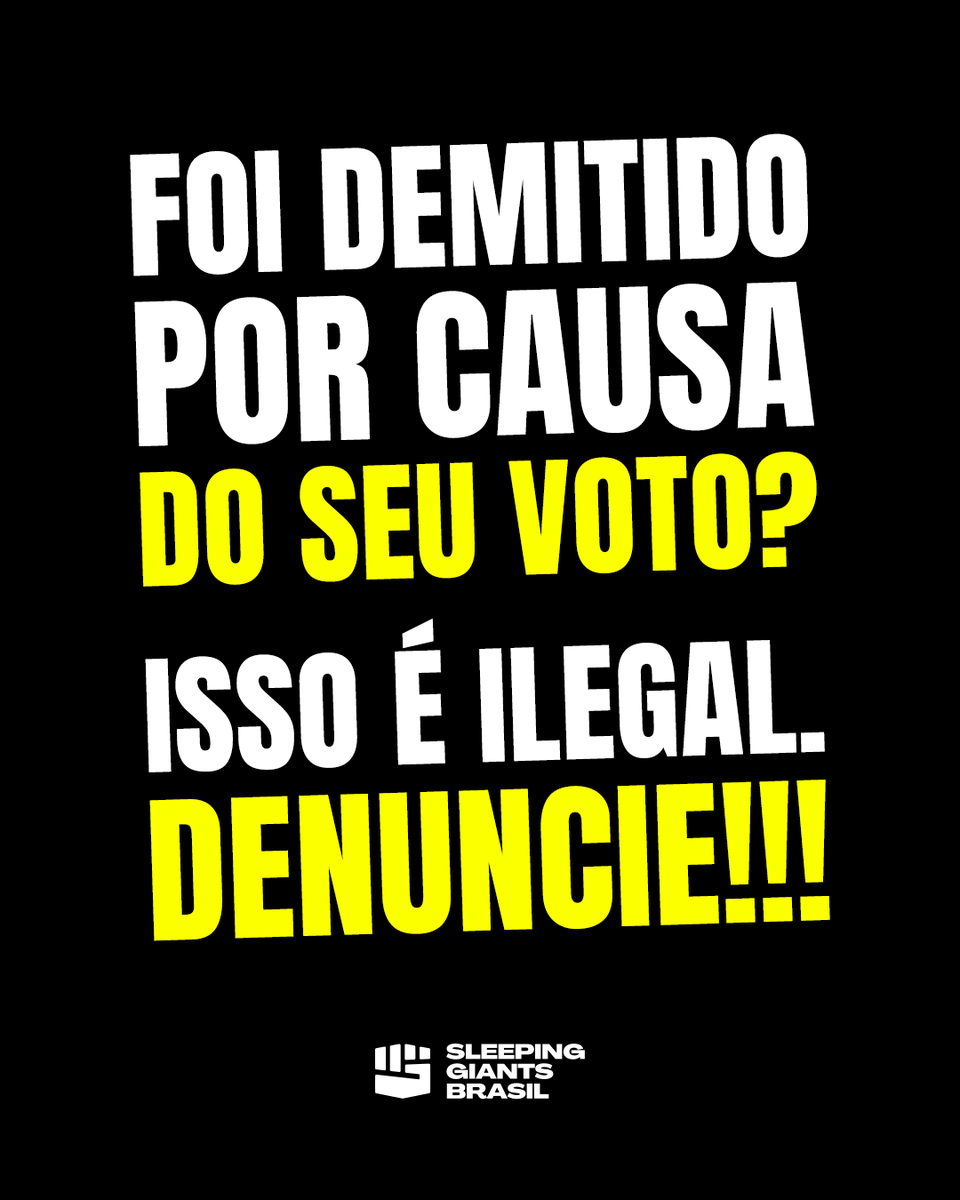 slpng_giants_pt's tweet photo. 📢 Demissão por voto nas eleições é ilegal!

A prática discriminatória foi incentivada por extremistas de direita após não aceitarem perder as eleições.

Embora o empregador possa dispensar trabalhadores sem justa causa, não pode fazê-lo por sua escolha eleitoral. Quem sofrer discriminação pode recorrer à Justiça para pedir indenização e reintegração ao emprego.

🚨 Se você foi demitido por causa do seu voto, acesse o site oficial do https://t.co/ksjriABBEF e entre na seção de denúncias da unidade do seu estado.

O preenchimento é feito pela internet e você pode solicitar sigilo para que sua identidade seja totalmente preservada.