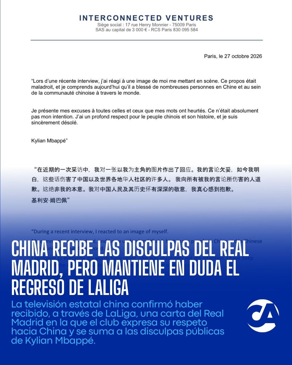 🇨🇳 La televisión estatal china confirmó haber recibido las disculpas del Real Madrid por las declaraciones de Kylian Mbappé. 📺 Sin embargo, todavía no anu…