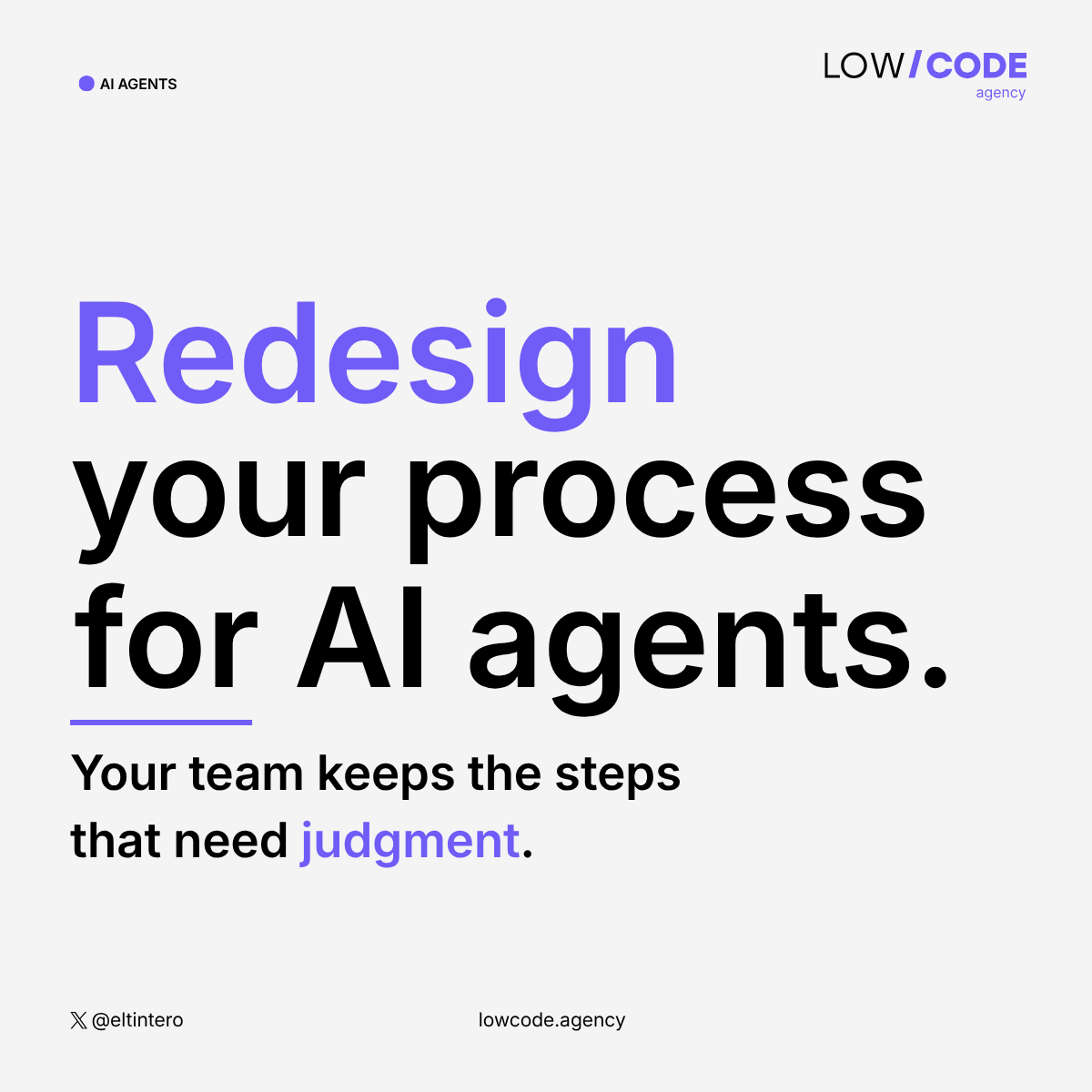 eltintero's tweet photo. You can redesign a process for AI agents and keep every step in place.

Customer support is a good example, since an AI agent can handle it today.

The steps stay the same, and the agent carries out the ones that fit.

Most processes were designed around people before agents existed, so a weekly routine is a good place to look first. Say it has four steps, which are gathering information, checking it, deciding, and sending the result.

Gathering and sending often suit an agent, and checking and deciding often stay with your people, because they depend on judgment and context.

We map this with mid market teams at @LowCodeAgency. Sometimes a tool you can buy today covers a step, and we tell you.

Pick one weekly process and read through its steps. Which one would you hand over first?