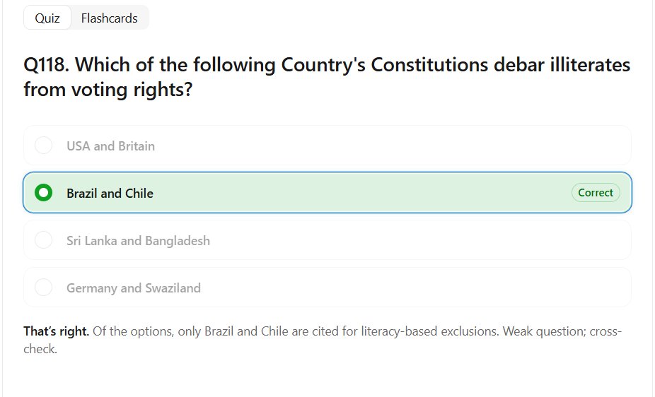 prisha0602's tweet photo. Country's Constitutions that debars illiterates from voting rights..
#ComPol #GIC #PYQs https://t.co/TTU37uuKaG