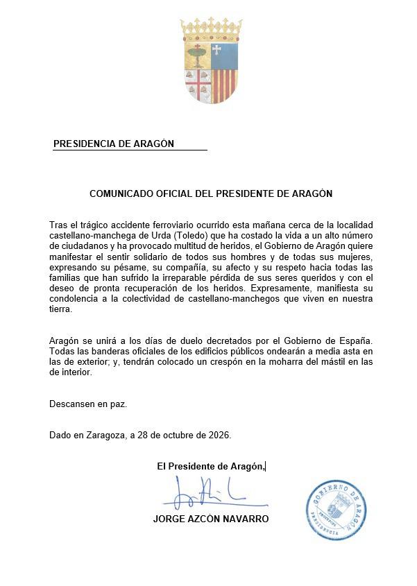 GobAragon's tweet photo. ⚫️ Aragón se unirá a los días de duelo decretados por el Gobierno de España.

Todas las banderas oficiales de los edificios públicos ubicadas en el exterior ondearán a media asta y las ubicadas en el interior tendrán colocado un crespón en la moharra del mástil. https://t.co/zZjFb3tuck