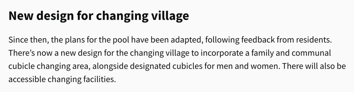 matildagosling's tweet photo. Brighton Council has now amended its plans for the Withdean Pool to include single-sex changing cubicles (hopefully in separate areas, though unclear). Original mixed-sex design was unsafe for women and girls. 

Thank you for listening to residents’ feedback, @BrightonHoveCC. https://t.co/uFWSw6fiLN
