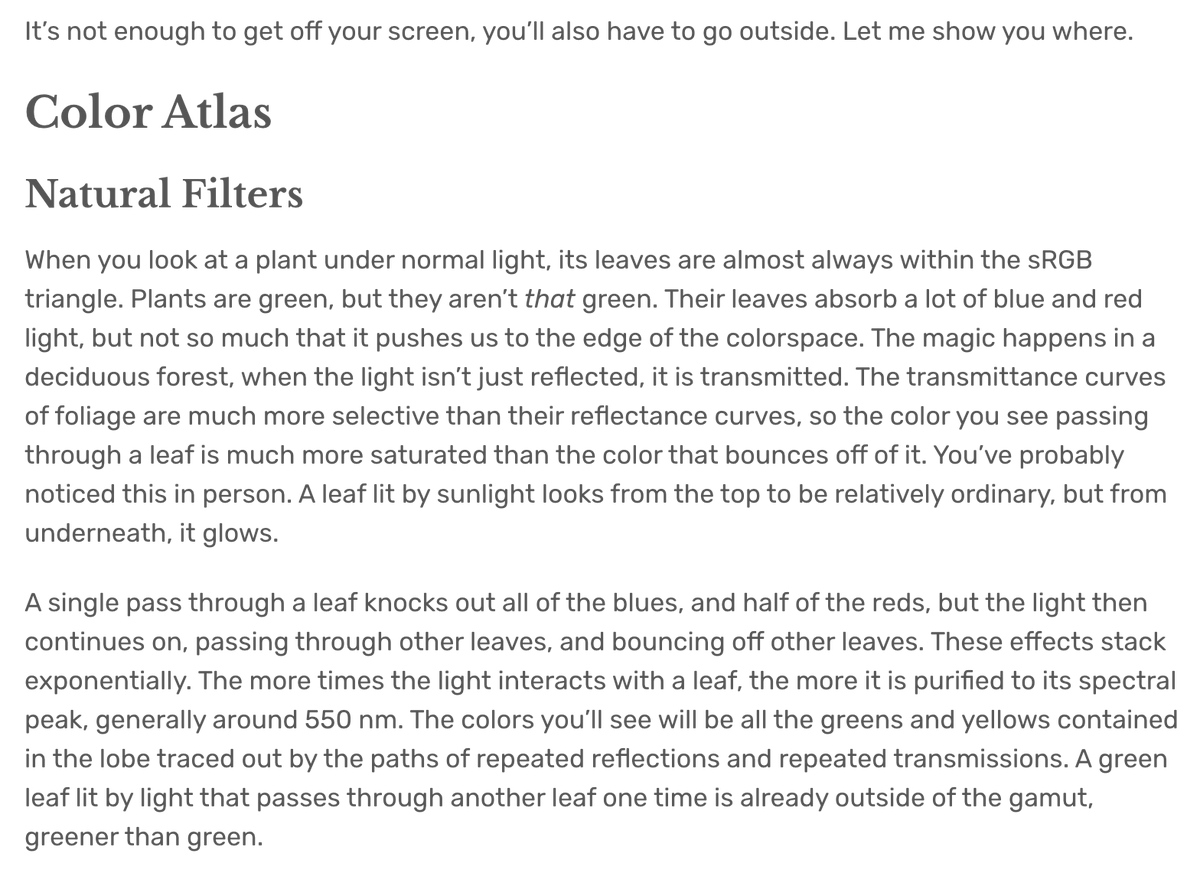 PottsJustin's tweet photo. "A green leaf lit by light that passes through another leaf one time is already outside of the gamut, greener than green" https://t.co/8CAyu0cg3q
