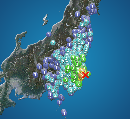 wni_jp's tweet photo. 【地震情報】
10月29日 0:07 震度5弱
震源：千葉県北東部 M5.4 深さ約50km
この地震による津波の心配はありません。
https://t.co/GCyXye3d6j https://t.co/pcP05Cq9of