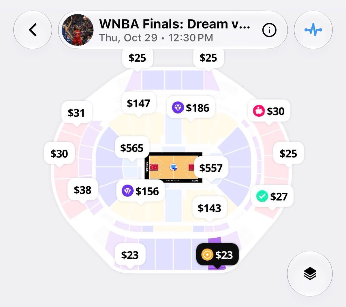 TheDunkCentral's tweet photo. Ticket prices for Game 6 of the WNBA Finals have plummeted 

The get-in price was $156 when the game was announced on Monday. Tickets are now going for as low as $23.

That’s an 85% drop in just two days.

(Ticket prices via @TickPick ) https://t.co/YMQlAh7MCR